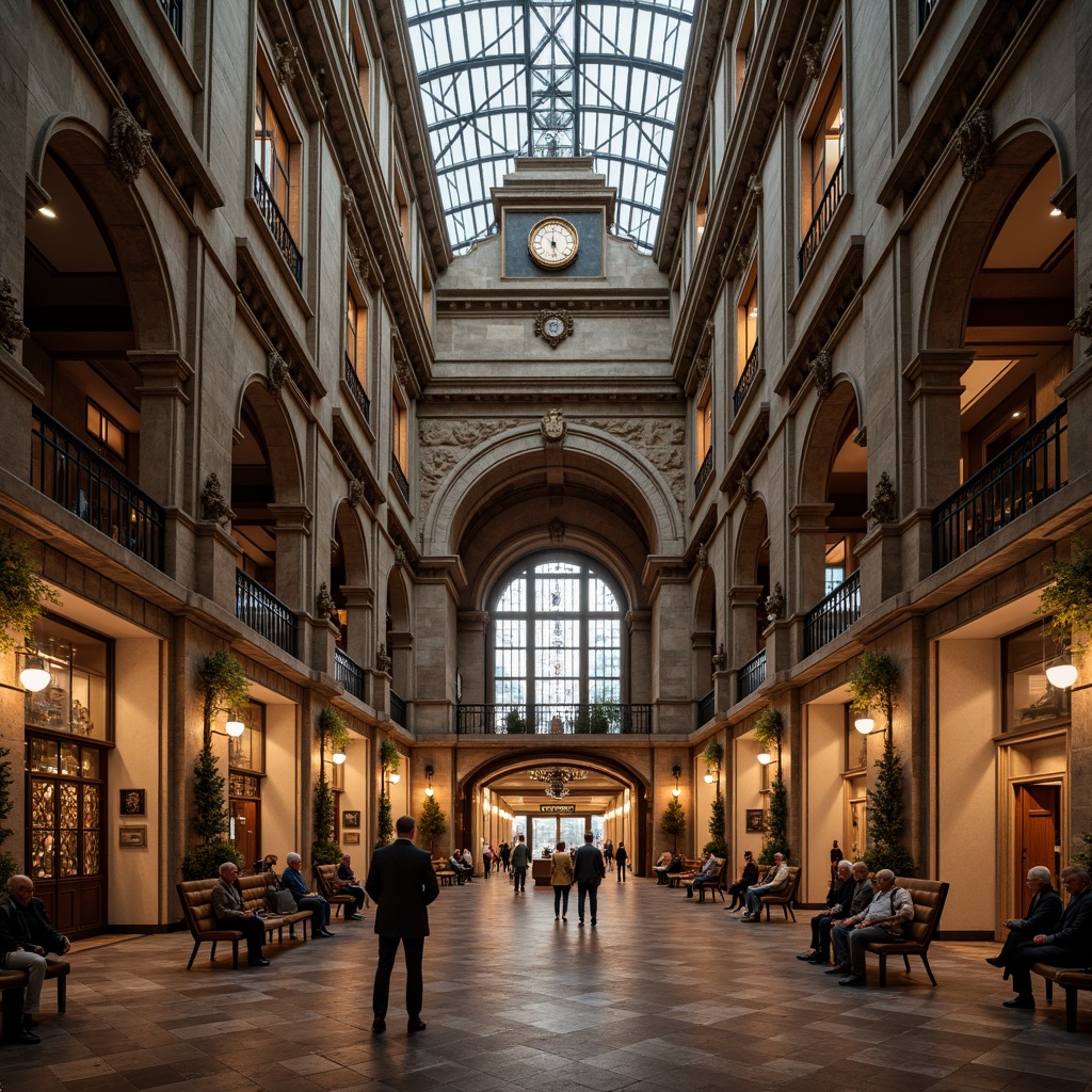 Prompt: Renaissance-inspired train station, grandiose fa\u00e7ade, ornate stone carvings, majestic arches, intricate stonework, rusticated columns, decorative cornices, symmetrical composition, imposing clock tower, vintage train wheels, distressed brick walls, richly textured stucco, warm golden lighting, dramatic shadows, atmospheric fog effects, 1-point perspective, cinematic framing, ornate metalwork, regal entrance gates, elegant ticketing halls, refined waiting areas.