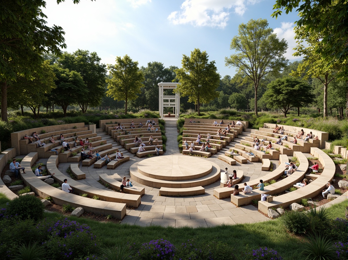 Prompt: Tiered seating, curved rows, stepped platforms, audience-facing stage, central performance area, acoustic panels, sound-absorbing materials, natural stone flooring, grassy surroundings, lush greenery, open-air atmosphere, warm sunny day, soft diffused lighting, shallow depth of field, 3/4 composition, panoramic view, realistic textures, ambient occlusion.