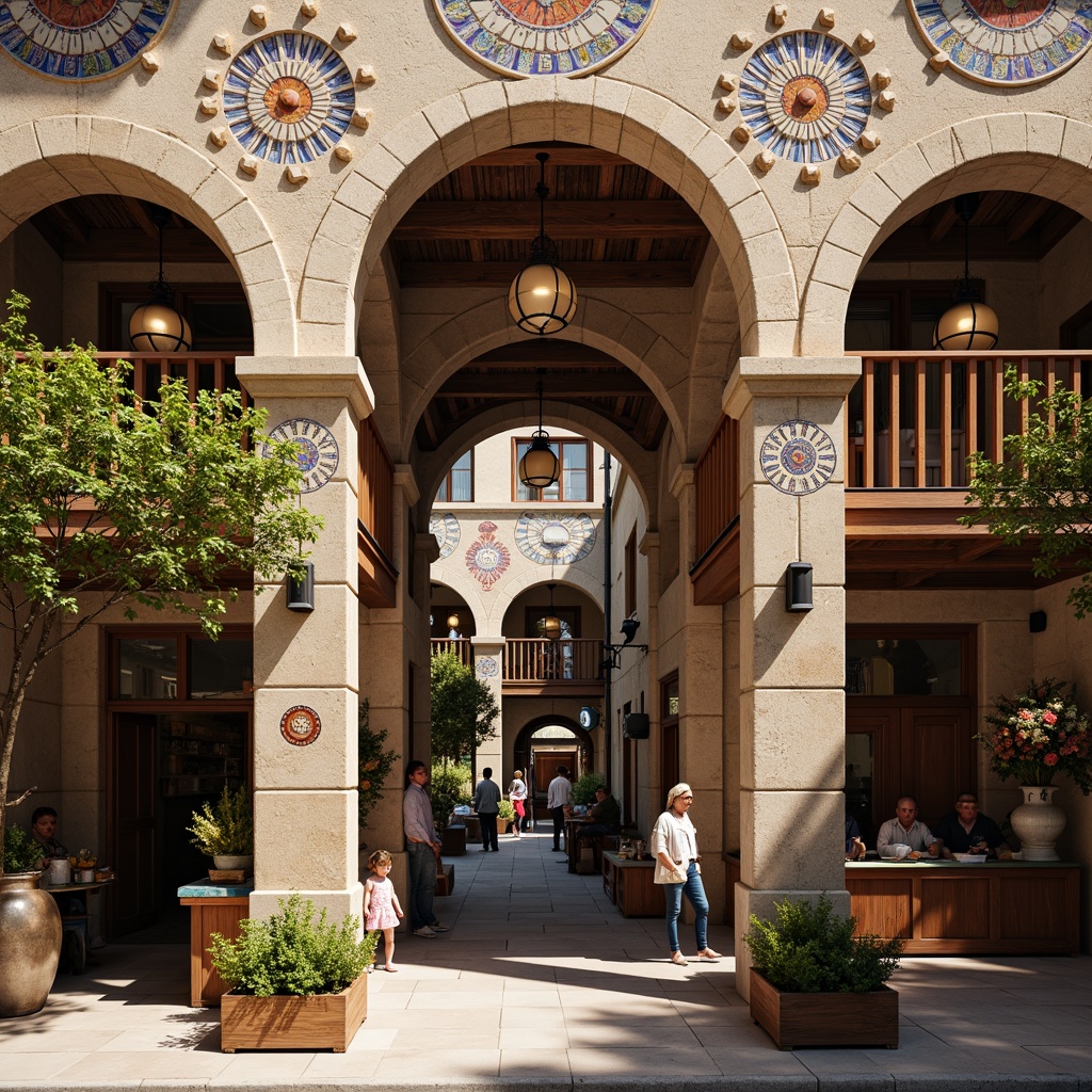 Prompt: Rustic market scene, Romanesque-style fa\u00e7ade, worn stone walls, ornate arches, rounded doorways, intricate carvings, vibrant frescoes, colorful ceramic tiles, wooden shutters, metal lanterns, bustling street activity, morning sunlight, soft warm lighting, shallow depth of field, 1/2 composition, symmetrical framing, realistic textures, ambient occlusion.