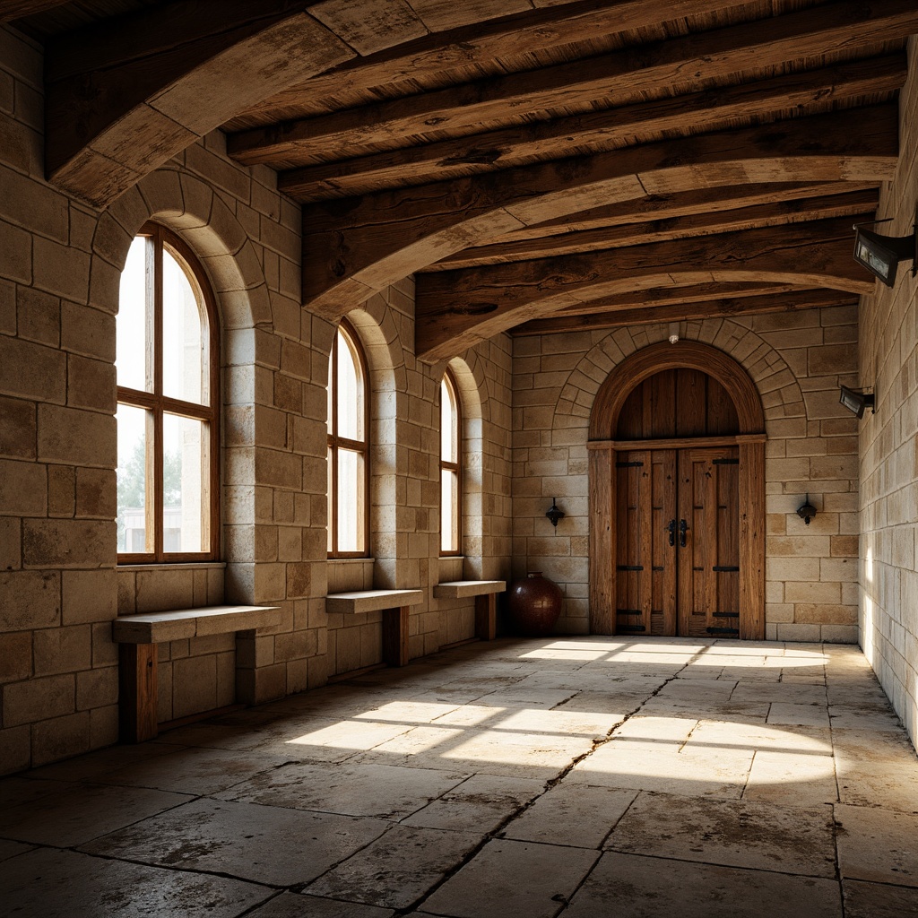 Prompt: Rustic stone walls, arched windows, ornate carvings, weathered wooden doors, rugged stone floors, vaulted ceilings, grandiose columns, intricate stonework patterns, earthy color palette, dramatic shadows, warm golden lighting, subtle grain textures, 3/4 composition, atmospheric perspective, richly ornamented fa\u00e7ades, medieval-inspired architectural details.