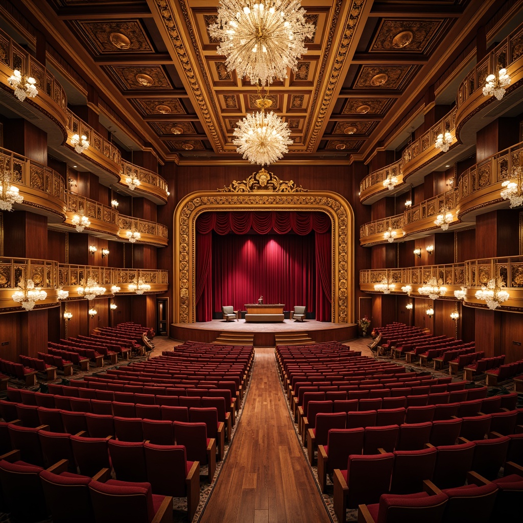 Prompt: Grand auditorium, tiered seating, curved rows, ornate balconies, majestic stage, red velvet curtains, gold accents, intricate molding, crystal chandeliers, polished wooden floors, soft warm lighting, shallow depth of field, 3/4 composition, panoramic view, realistic textures, ambient occlusion.