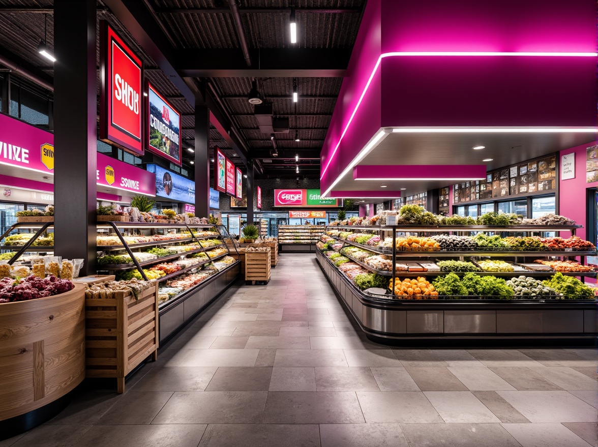 Prompt: Vibrant magenta accents, modern grocery store interior, sleek metal shelves, colorful product packaging, lively fresh produce displays, bold signage, urban industrial atmosphere, polished concrete floors, geometric patterned tiles, dynamic overhead lighting, shallow depth of field, 3/4 composition, realistic textures, ambient occlusion.