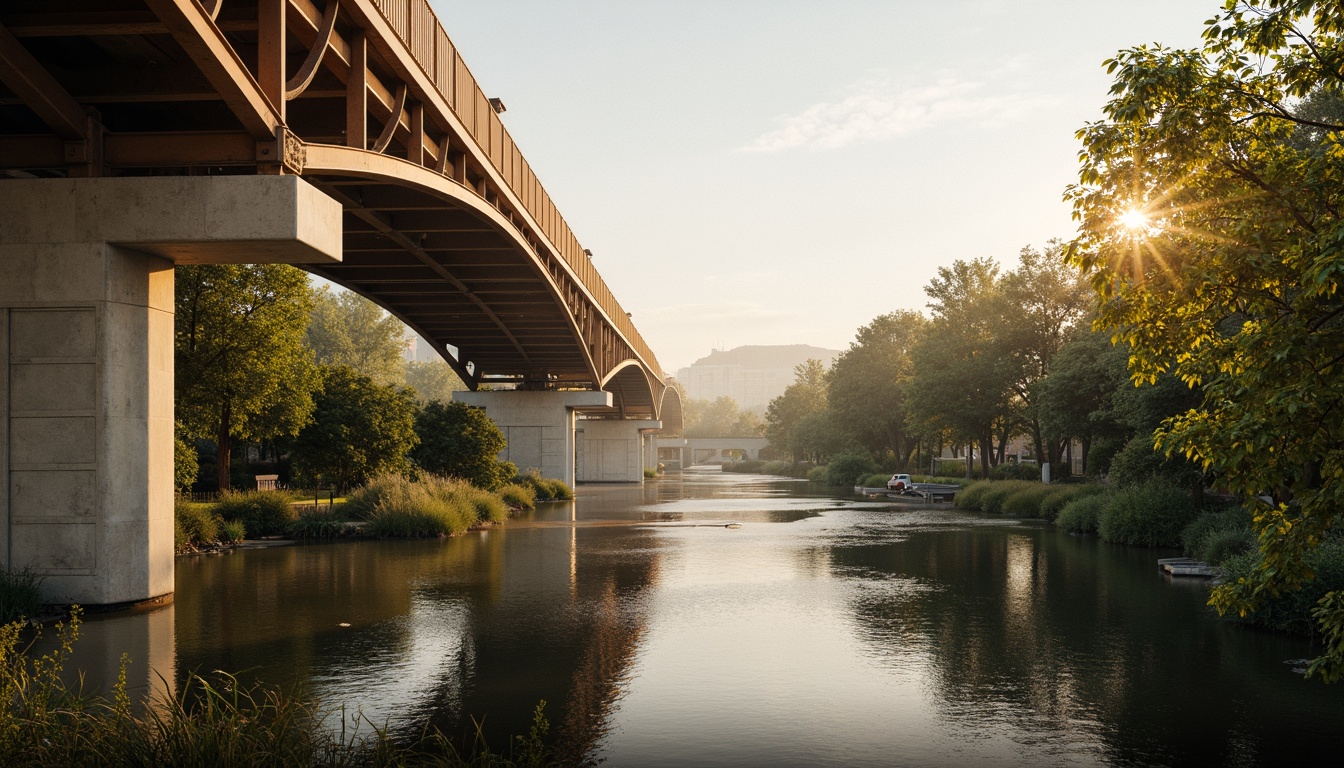 Prompt: Vibrant urban bridge, metallic steel structure, warm golden lighting, misty morning atmosphere, calm river waters, lush greenery surroundings, industrial concrete pillars, modern minimalist railings, subtle gradient color transitions, soft beige accents, rich blue undertones, earthy brown hues, atmospheric perspective, realistic textures, shallow depth of field, 3/4 composition, panoramic view.