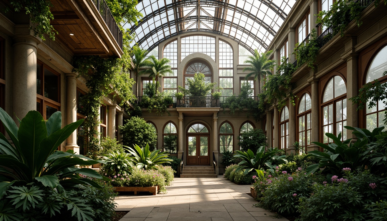 Prompt: Grandiose greenhouse, lush tropical plants, ornate ironwork, intricate stone carvings, stained glass ceiling, arched windows, rustic wooden doors, verdant vines, delicate florals, soft natural lighting, warm misty atmosphere, 1/2 composition, intimate close-up shots, realistic foliage textures, subtle ambient occlusion.