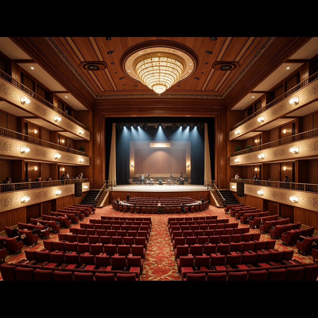 Prompt: Grand auditorium, majestic stage, curved rows of seats, luxurious velvet upholstery, ornate balconies, sweeping staircases, high ceilings, crystal chandeliers, rich wood paneling, acoustic panels, soundproofing materials, tiered seating arrangements, central performance area, professional lighting systems, spotlights, warm color scheme, intimate atmosphere, dramatic architecture, rectangular shape, symmetrical layout, 3/4 composition, shallow depth of field, realistic textures, ambient occlusion.