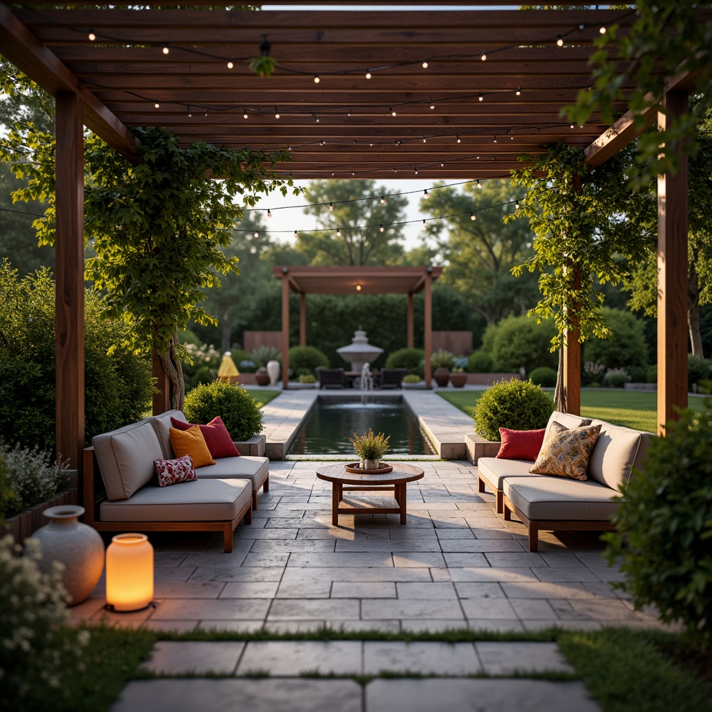 Prompt: Inviting patio, natural stone flooring, lush greenery, wooden pergola, outdoor seating, lanterns, string lights, water feature, small pond, fountain, modern outdoor furniture, vibrant throw pillows, ambient lighting, warm color scheme, shallow depth of field, 3/4 composition, panoramic view, realistic textures, soft focus blur.