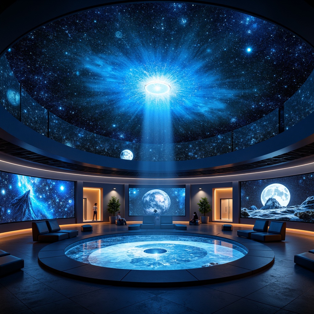 Prompt: Cosmic planetarium interior, futuristic metabolism style, glowing neon lights, celestial body installations, starry night sky projections, circular seating areas, dome-shaped ceilings, ambient electronic sounds, interactive astronomy exhibits, 3D visualizations, holographic displays, minimalist metallic furniture, dark blue color scheme, soft diffuse lighting, shallow depth of field, symmetrical composition, realistic textures, ambient occlusion.