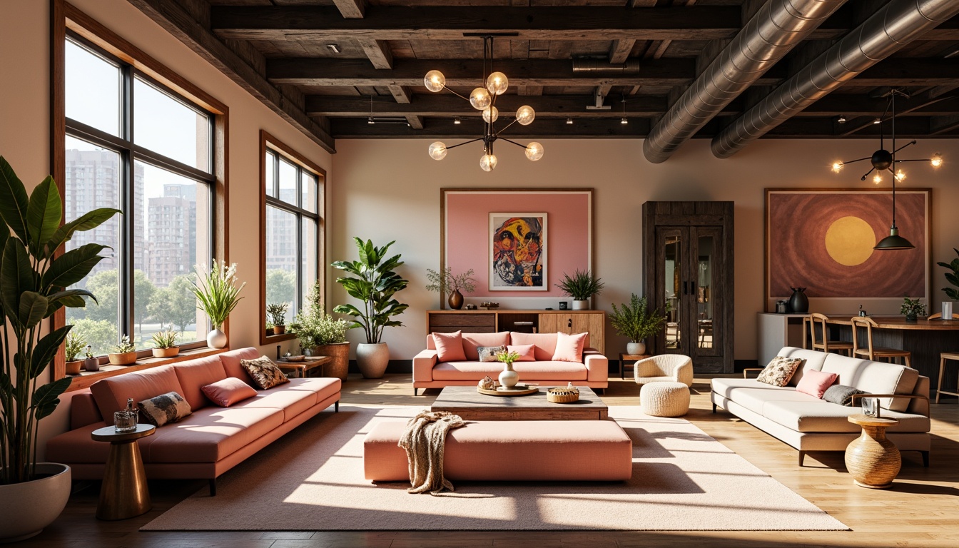 Prompt: Vibrant modern interior, eclectic furniture pieces, pastel color scheme, soft peach tones, rich charcoal accents, metallic gold details, natural wood textures, industrial chic decor, urban loft atmosphere, dramatic overhead lighting, 3/4 composition, shallow depth of field, cinematic colors, realistic reflections.