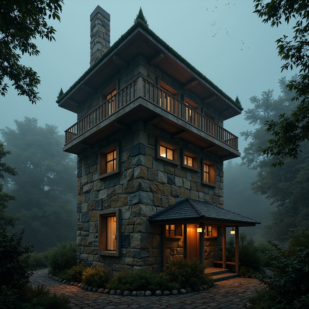 Prompt: Mysterious watchtower, rugged stone walls, worn wooden beams, mystical lanterns, intricate ironwork, moss-covered roofs, foggy misty mornings, warm golden lighting, cinematic composition, atmospheric perspective, detailed textures, subtle color grading, ancient weathered materials, mysterious forest surroundings, twinkling starry night sky.