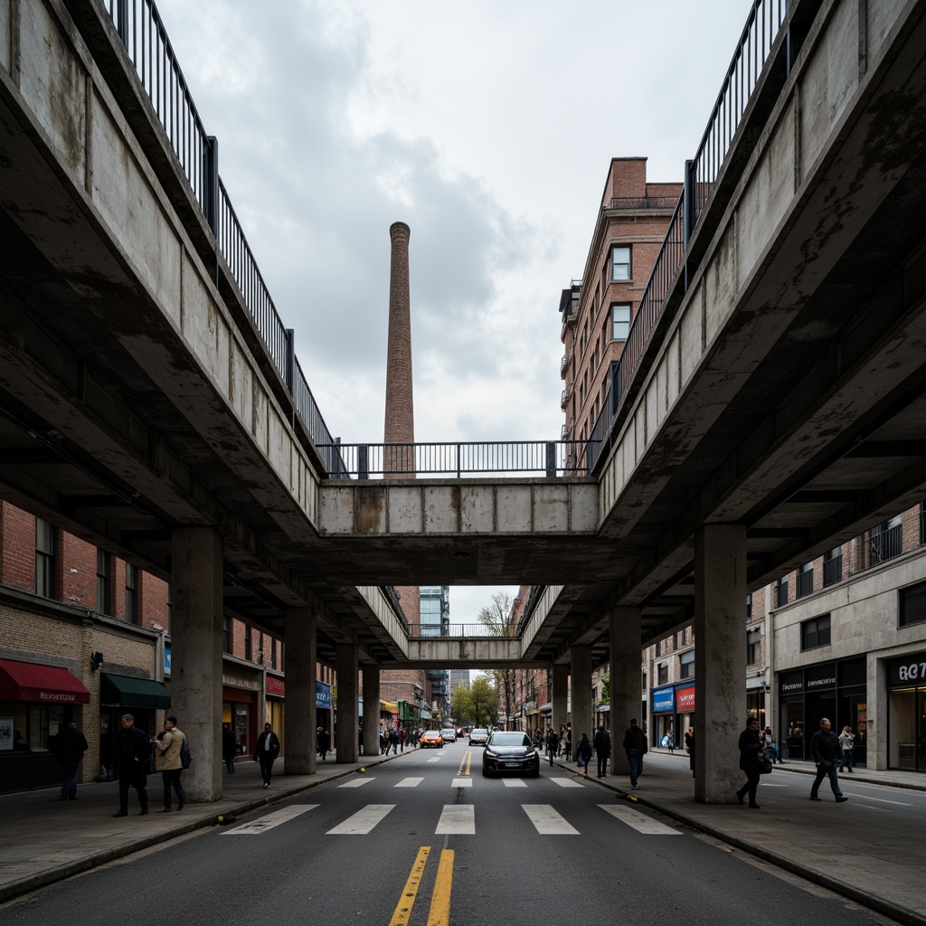 Prompt: Rugged pedestrian bridge, brutalist architecture, raw concrete surfaces, exposed ductwork, steel beams, industrial metal railings, weathered wood accents, urban cityscape, busy street traffic, cloudy grey sky, dramatic lighting, deep shadows, 3/4 composition, low-angle view, realistic textures, ambient occlusion.