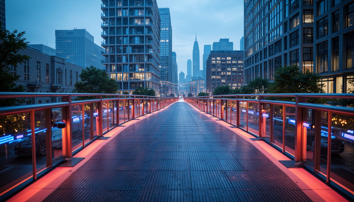 Prompt: Illuminated pedestrian bridge, futuristic urban landscape, steel cable suspensions, iridescent coatings, holographic surfaces, LED light installations, dynamic color schemes, translucent glass railings, metallic mesh flooring, ambient urban soundscape, misty evening atmosphere, shallow depth of field, 1/2 composition, wide-angle lens, high-contrast rendering, realistic reflections, advanced material properties.