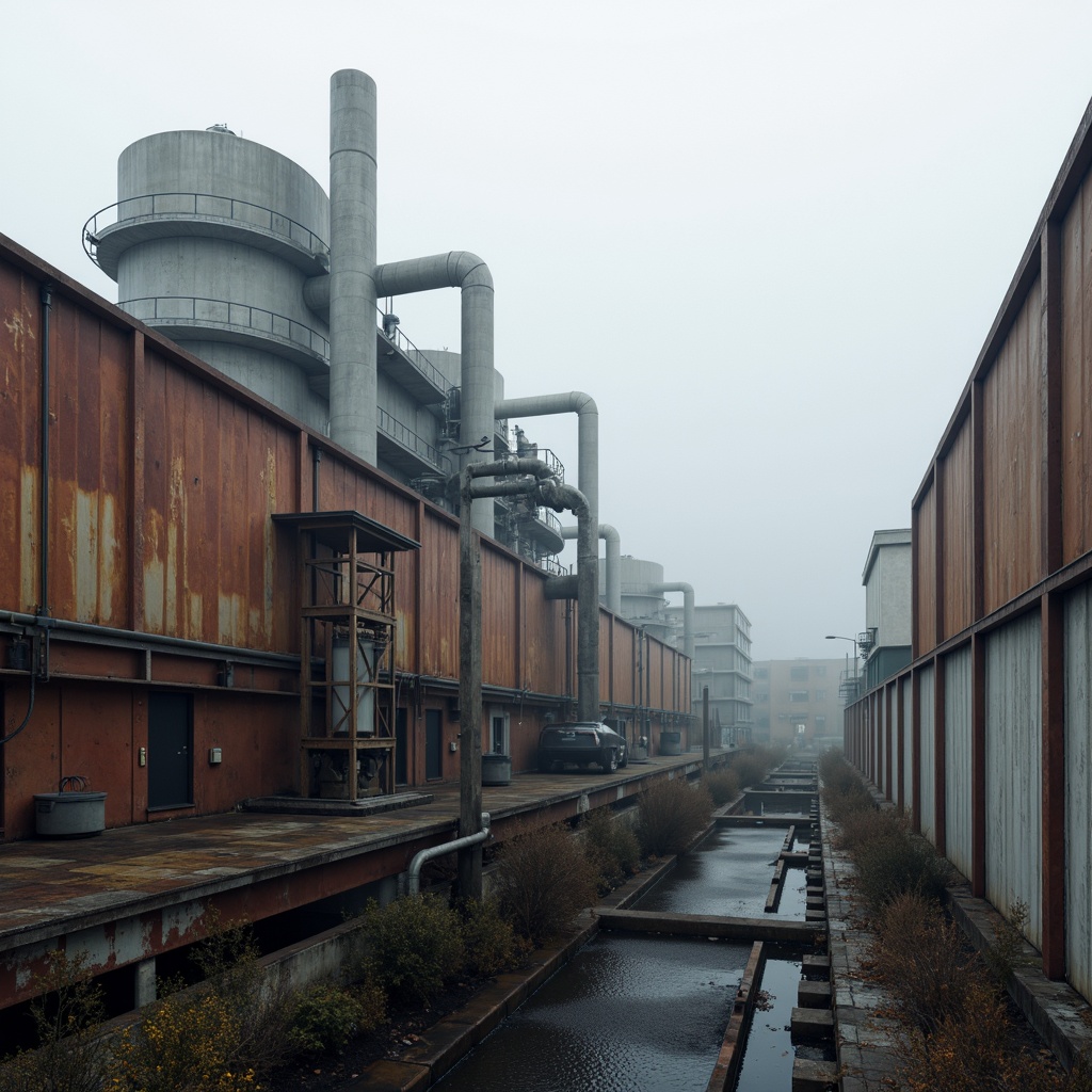 Prompt: Industrial energy plant, metallic structures, weathered steel surfaces, rust-colored walls, exposed pipes, mechanical equipment, concrete foundations, brutalist design, functional architecture, urban landscape, foggy morning, softbox lighting, shallow depth of field, 2/3 composition, realistic textures, ambient occlusion.