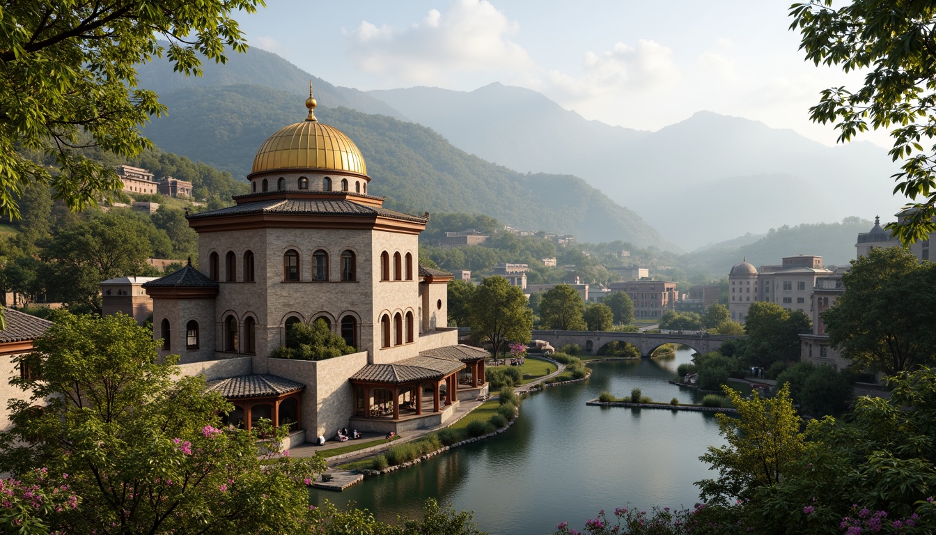 Prompt: Majestic Byzantine monastery, rustic stone walls, ornate golden domes, lush greenery, blooming flowers, tranquil water features, serene natural surroundings, rolling hills, misty mountains, warm sunny day, soft diffused lighting, shallow depth of field, 1/2 composition, panoramic view, realistic textures, ambient occlusion.