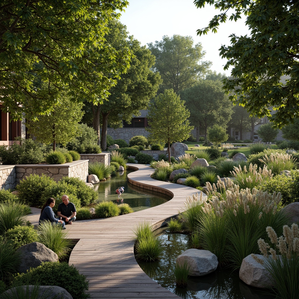 Prompt: Harmonious landscape integration, serene natural surroundings, lush greenery, meandering water features, rustic stone walls, wooden decking, organic architecture, curved lines, earthy tones, blending boundaries, seamless transitions, native plant species, vibrant wildflowers, morning dew, soft diffused lighting, 1/1 composition, intimate scale, realistic textures, ambient occlusion.