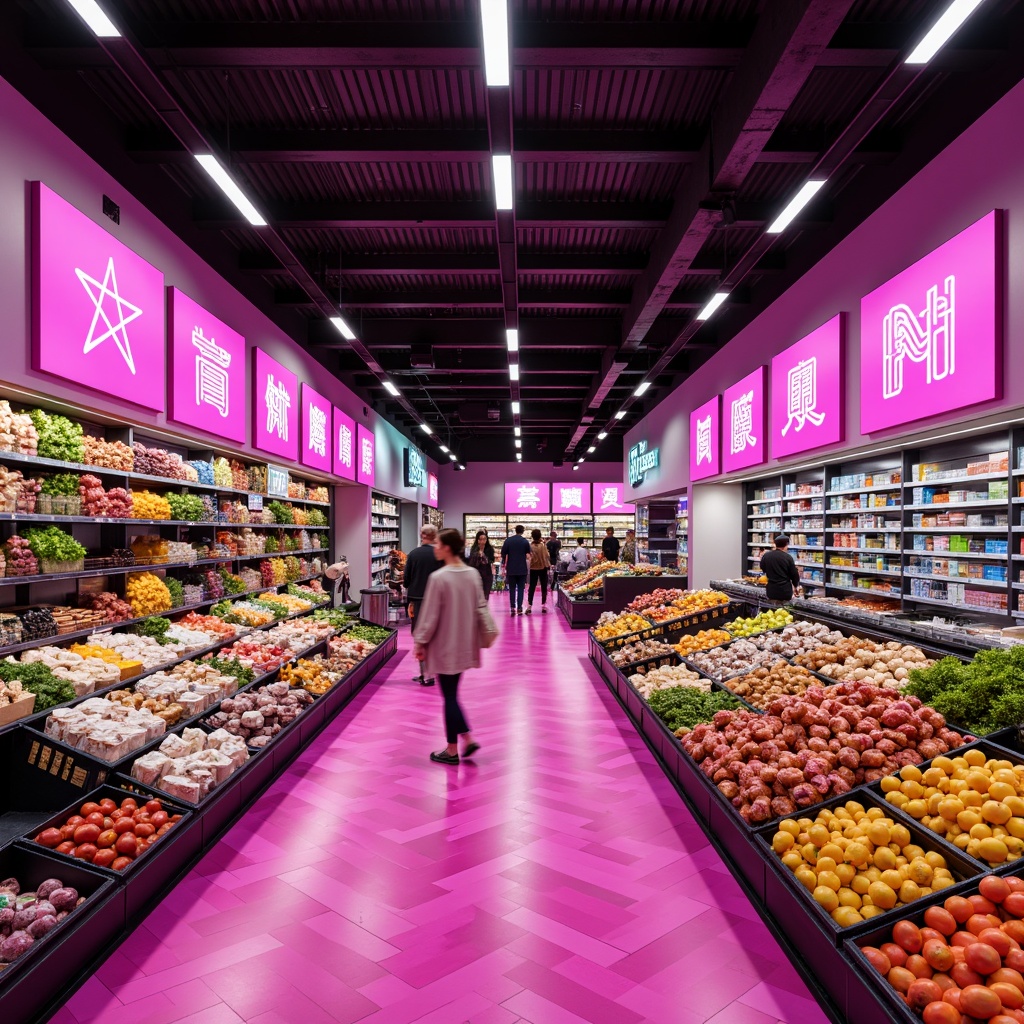 Prompt: Vibrant magenta accents, modern grocery store interior, sleek shelving units, fresh produce displays, colorful food packaging, bold signage, geometric patterns, glossy floors, LED lighting, urban atmosphere, bustling shopping environment, shallow depth of field, 1/1 composition, realistic textures, ambient occlusion.