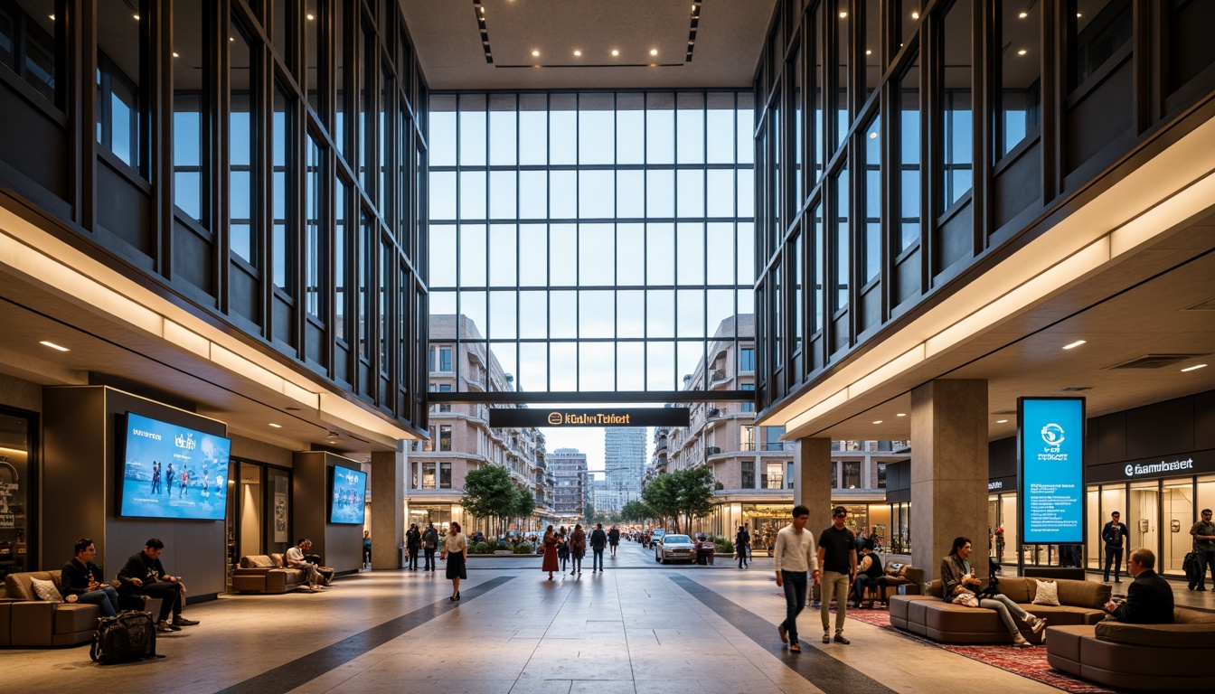 Prompt: Grand entrance hall, high ceilings, modern architecture, sleek glass facades, stainless steel frames, automated sliding doors, large LED displays, electronic ticketing systems, comfortable seating areas, urban landscape views, busy city streets, rush hour atmosphere, warm soft lighting, shallow depth of field, 1/1 composition, realistic textures, ambient occlusion.