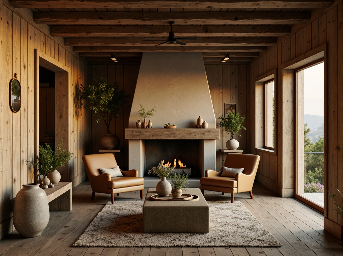 Prompt: Earthy olive tones, muted terracotta hues, warm beige accents, soft sage undertones, weathered wood textures, natural linen fabrics, earthy ceramic vessels, rustic metal fixtures, vintage leather armchairs, cozy cabin ambiance, warm golden lighting, shallow depth of field, 2/3 composition, intimate atmosphere, realistic renderings.