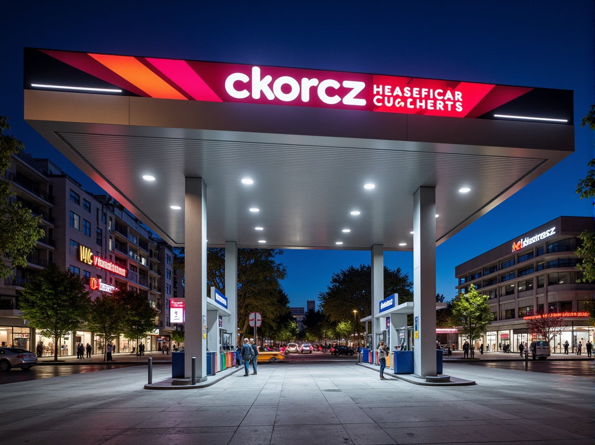 Prompt: Modern urban gas station, sleek metallic canopy, bright LED signage, bold font lettering, vibrant color schemes, angular architectural lines, industrial-style lighting fixtures, polished concrete floors, stainless steel fuel pumps, futuristic payment terminals, urban cityscape backdrop, morning rush hour atmosphere, shallow depth of field, 1/2 composition, realistic reflections, ambient occlusion.