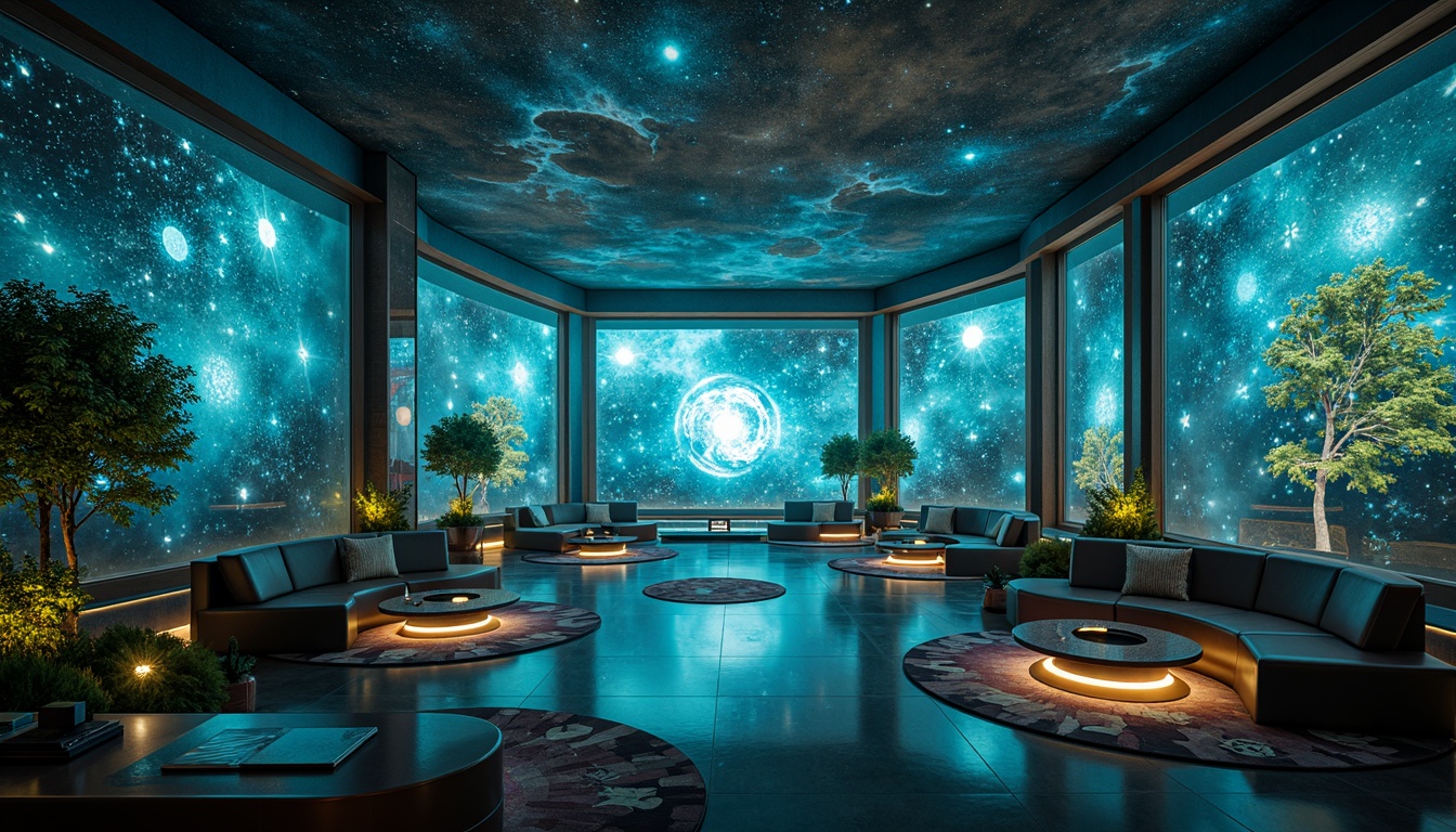 Prompt: Cosmic planetarium, futuristic metabolism style, neon-lit starry ceiling, glowing constellations, iridescent walls, shimmering floors, spiral staircases, orbit-inspired seating, asteroid-shaped coffee tables, galaxy-patterned rugs, holographic projections, ambient space sounds, soft blue-green lighting, 3/4 composition, wide-angle lens, realistic reflections, atmospheric fog effects.