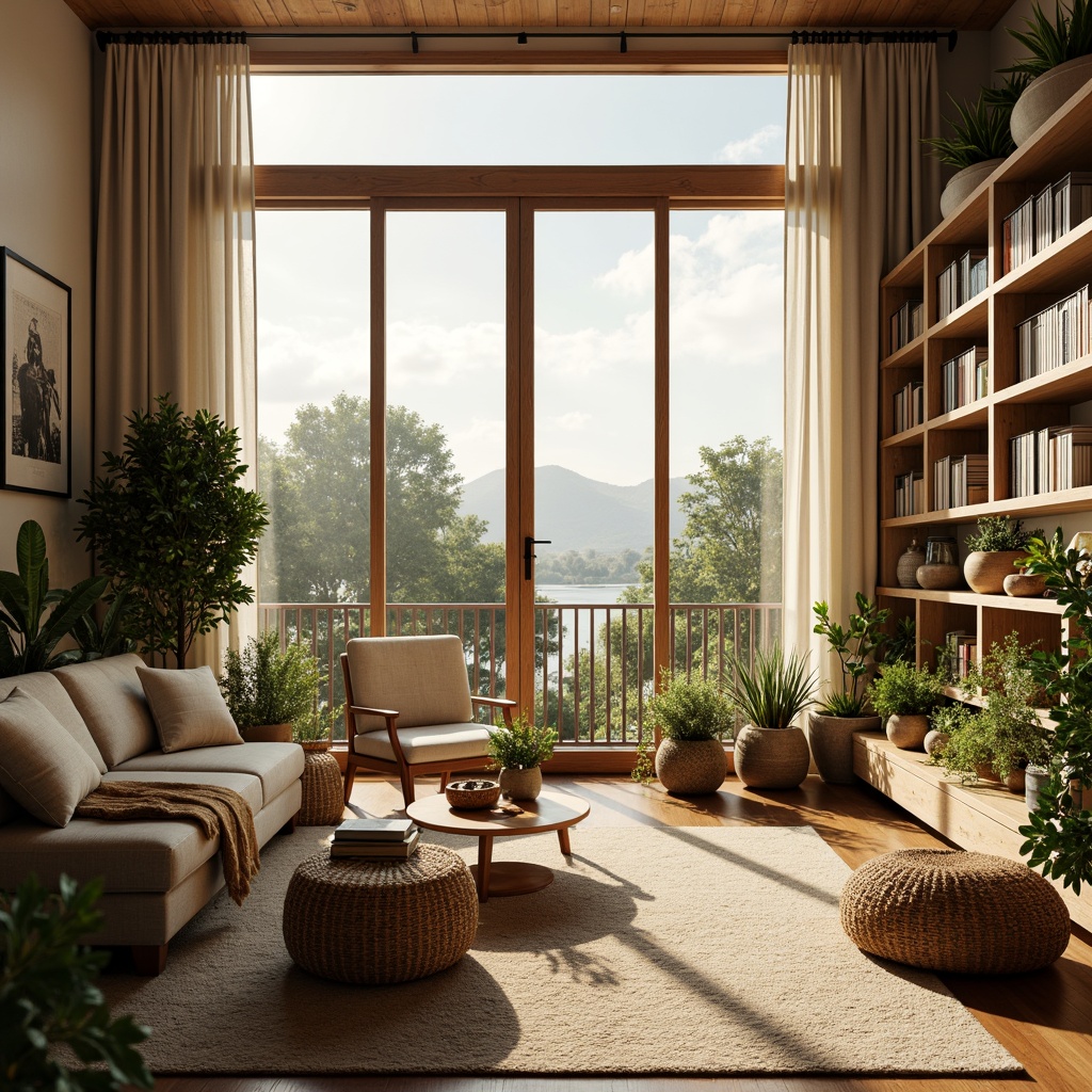 Prompt: Vibrant living room, floor-to-ceiling windows, sliding glass doors, minimal window frames, sheer white curtains, natural textiles, earthy tones, wooden accents, cozy reading nooks, built-in shelves, abundant greenery, potted plants, morning sunlight, soft warm glow, indirect lighting, 1/1 composition, shallow depth of field, realistic reflections, ambient occlusion.