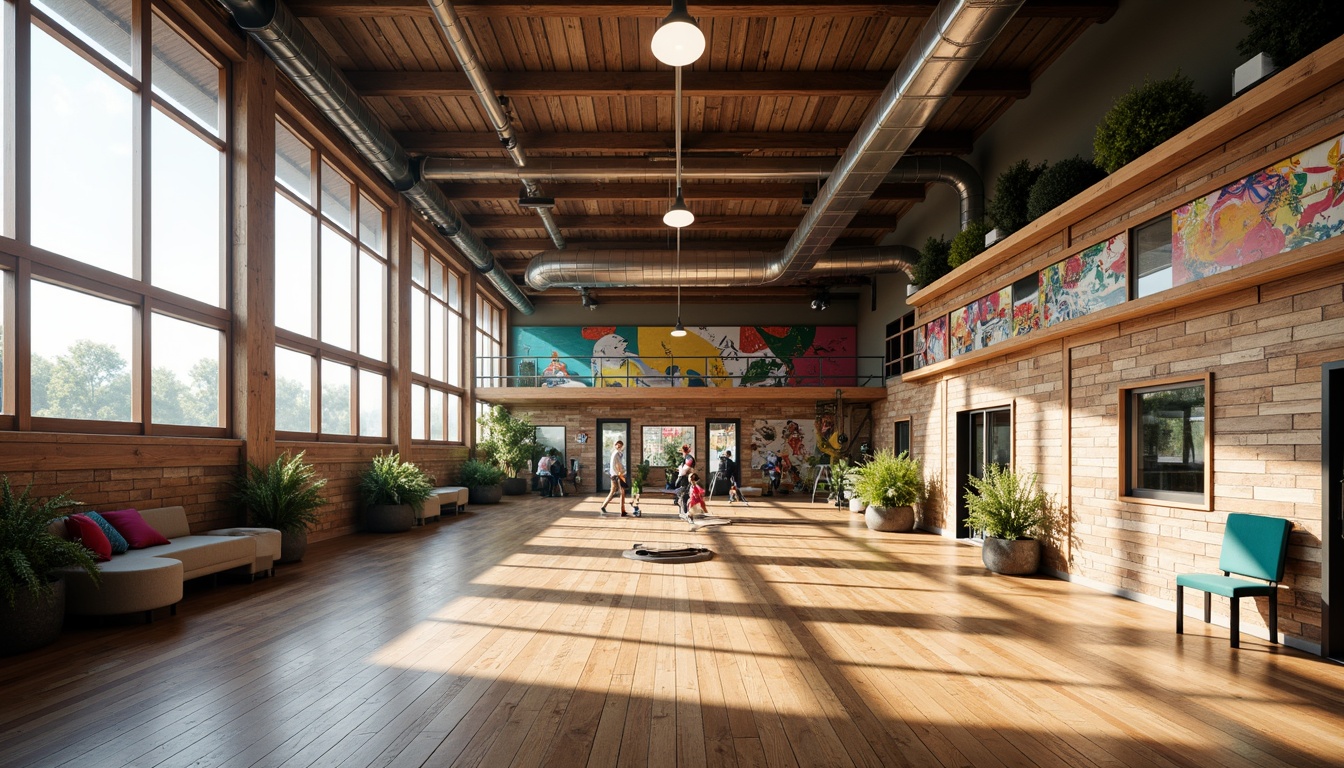 Prompt: Vibrant gymnasium interior, eclectic design style, large windows, natural light pouring in, wooden flooring, modern sports equipment, colorful murals, exposed ductwork, industrial-style lighting fixtures, metallic accents, reclaimed wood accents, urban-chic ambiance, afternoon sunlight, soft warm glow, shallow depth of field, 1/1 composition, realistic textures, ambient occlusion.Please let me know if this meets your requirements!