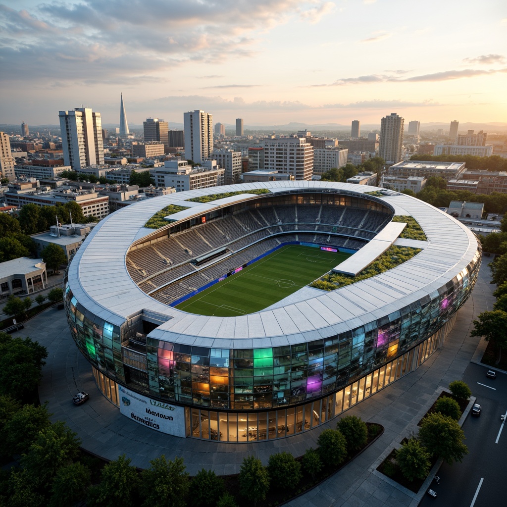 Prompt: Futuristic soccer stadium, curved rooflines, dynamic shapes, metallic materials, translucent panels, vibrant LED lights, retractable roofs, cantilevered structures, green roofs, eco-friendly design, sustainable energy systems, solar panels, wind turbines, water conservation systems, urban landscape, city skyline, sunny day, soft warm lighting, shallow depth of field, 3/4 composition, panoramic view, realistic textures, ambient occlusion.