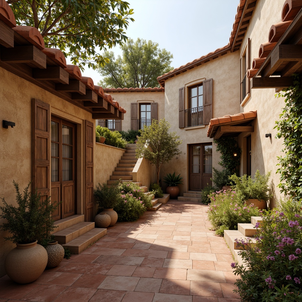 Prompt: Earth-toned village, rustic wooden structures, terracotta roof tiles, weathered stone walls, distressed metal accents, warm beige stucco, natural linen textiles, earthy red oxide floors, vintage ceramic vases, lush greenery, climbing vines, blooming flowers, soft warm lighting, shallow depth of field, 3/4 composition, realistic textures, ambient occlusion.