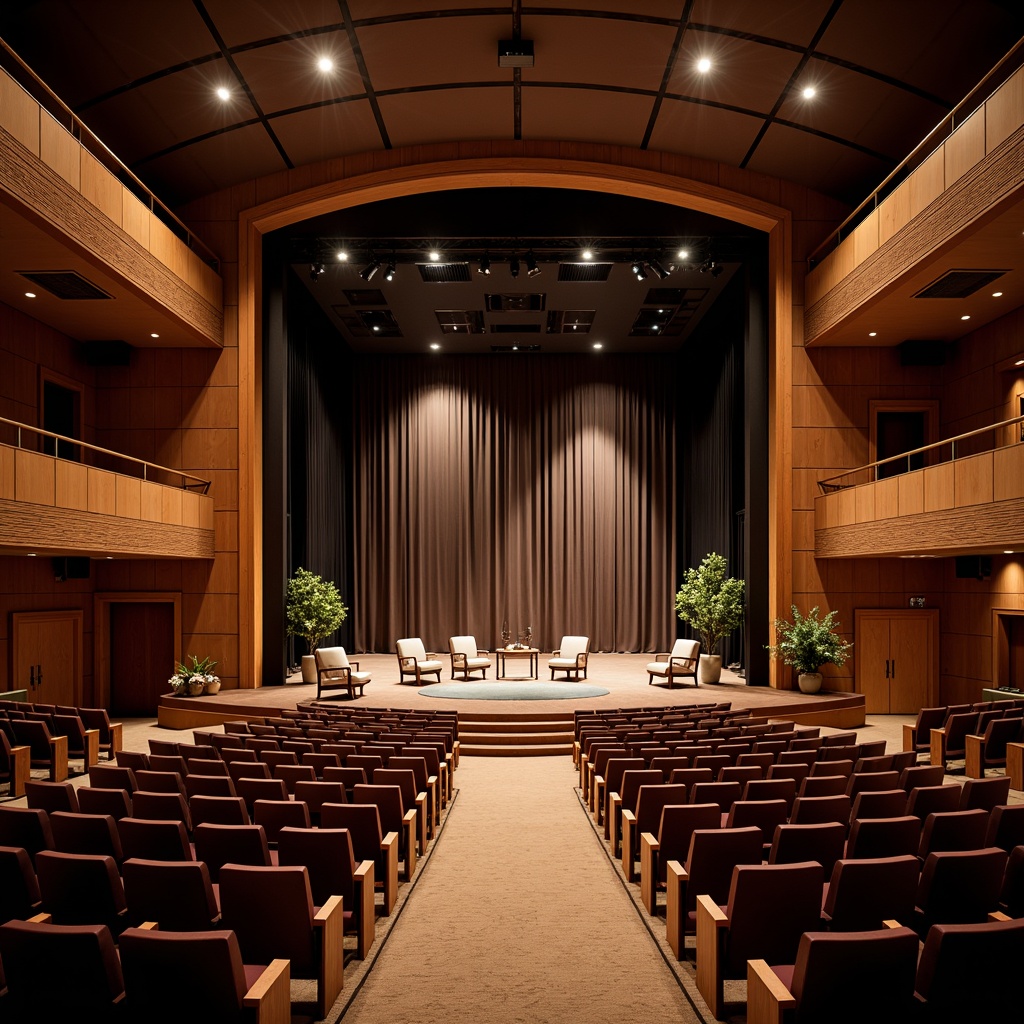 Prompt: Elegant auditorium interior, tiered seating, curved rows, grand stage, ornate proscenium, velvet curtains, polished wooden floors, sleek metal railings, suspended ceilings, indirect lighting, subtle color scheme, acoustic panels, sound-absorbing materials, central aisle, accessible ramps, wheelchair-accessible seating areas, backstage facilities, green rooms, technical booths, 1/1 composition, shallow depth of field, softbox lighting, realistic textures, ambient occlusion.