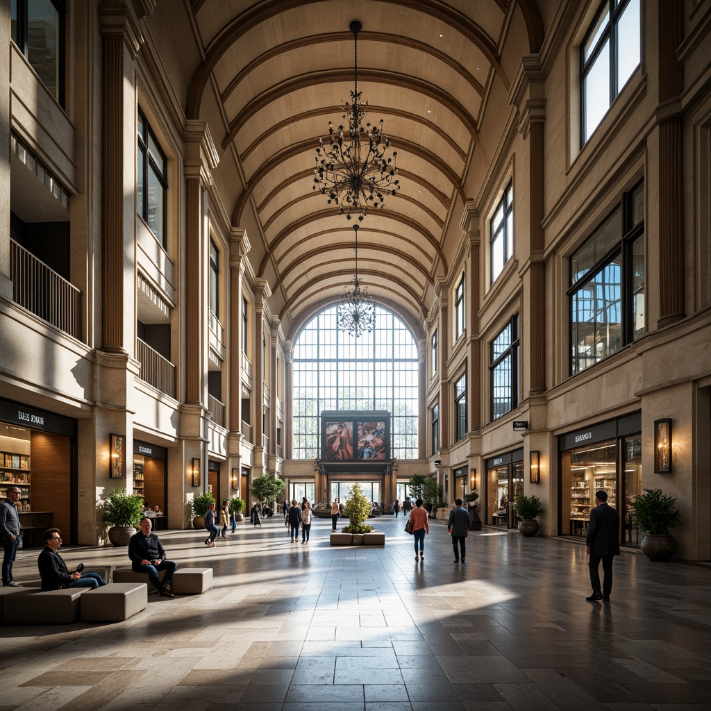 Prompt: Grand entrance hall, high ceilings, sweeping arches, elegant chandeliers, polished marble floors, modernized classic architecture, spacious waiting areas, comfortable seating, clear signage, efficient ticketing systems, convenient retail spaces, vibrant urban atmosphere, bustling crowds, natural light pouring in, shallow depth of field, 1/2 composition, realistic textures, ambient occlusion.