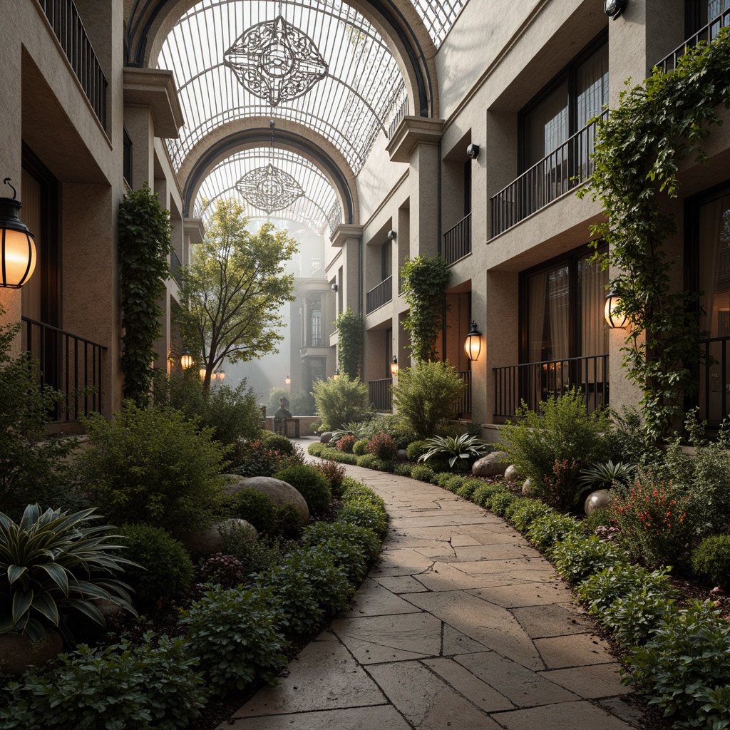 Prompt: Intricate ironwork, flowing curves, organic forms, ornate railings, decorative lamp posts, majestic arches, sinuous lines, asymmetrical compositions, natural stone foundations, rust-colored metal accents, verdant foliage, misty atmosphere, soft warm lighting, shallow depth of field, 1/2 composition, detailed textures, ambient occlusion.