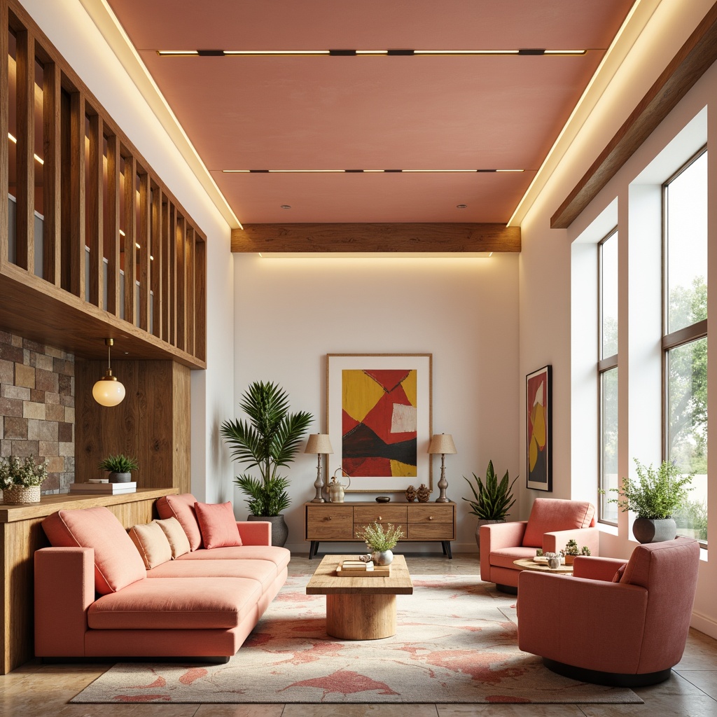 Prompt: Vibrant modern interior, pastel hues, soft peach tones, creamy whites, rich wood accents, metallic gold details, natural stone textures, geometric patterns, abstract artwork, eclectic furniture pieces, cozy atmospheric lighting, 3/4 composition, shallow depth of field, panoramic view, realistic rendering.