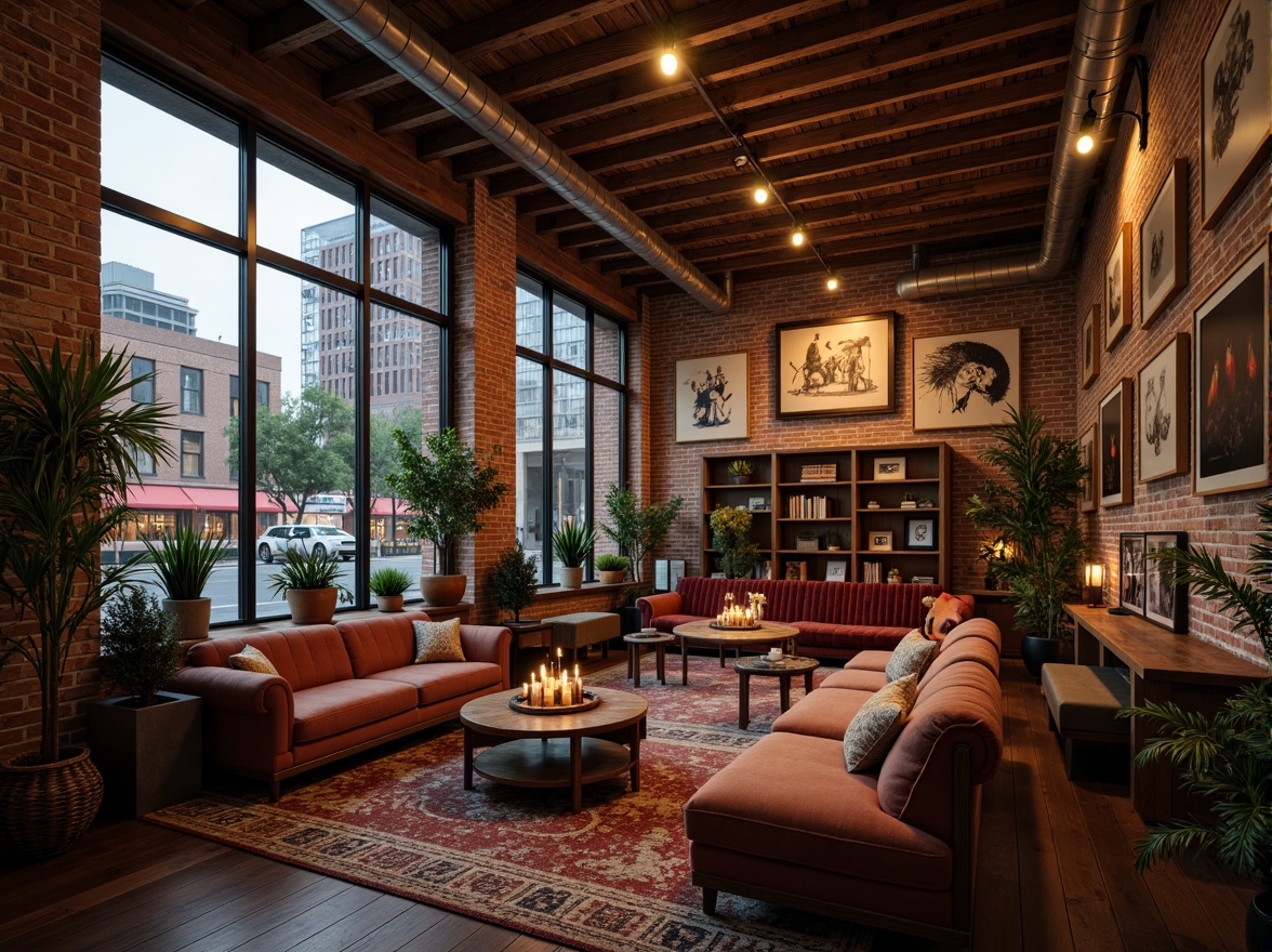 Prompt: Exposed brick walls, wooden beam ceilings, industrial metal pipes, vintage furniture, romantic candle lighting, soft velvet fabrics, distressed leather sofas, eclectic art collections, urban cityscape views, bustling streets, modern skyscrapers, sleek glass facades, vibrant street art, ornate wrought iron balconies, lush greenery, reclaimed wood accents, cozy reading nooks, warm golden lighting, shallow depth of field, 1/1 composition, cinematic atmosphere, realistic textures, ambient occlusion.