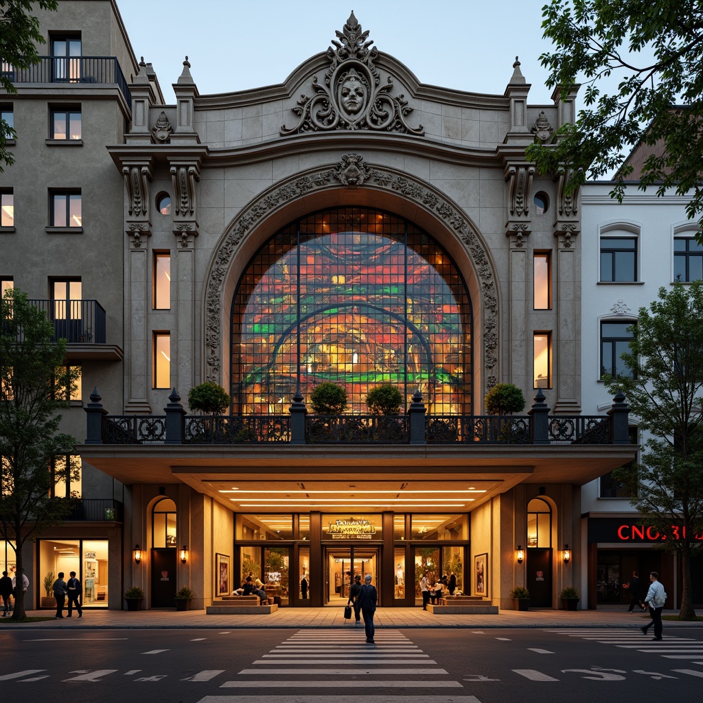 Prompt: Ornate cinema facade, Romanesque arches, intricate stone carvings, grand entrance, majestic columns, ornamental metalwork, stained glass windows, vibrant colored tiles, decorative cornices, imposing towers, dramatic lighting, warm golden hues, cinematic signage, 3D architectural details, realistic textures, ambient occlusion, shallow depth of field, symmetrical composition, high-angle shot, cinematic framing.