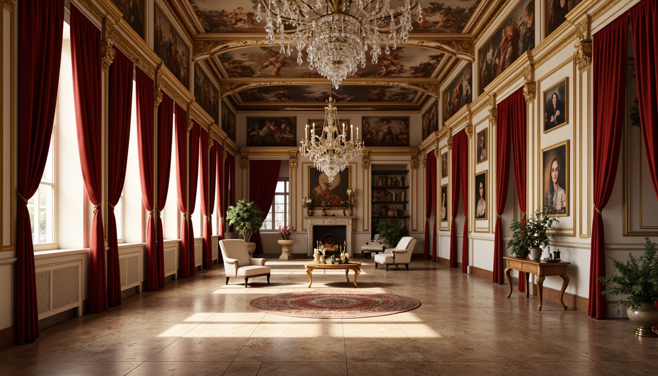 Prompt: Luxurious renaissance interior, rich wood tones, ornate gold accents, velvety red drapes, soft cream walls, warm beige stone floors, intricate fresco ceilings, elegant crystal chandeliers, lavish furnishings, baroque patterns, subtle sfumato effects, warm golden lighting, shallow depth of field, 1/1 composition, realistic textures, ambient occlusion.