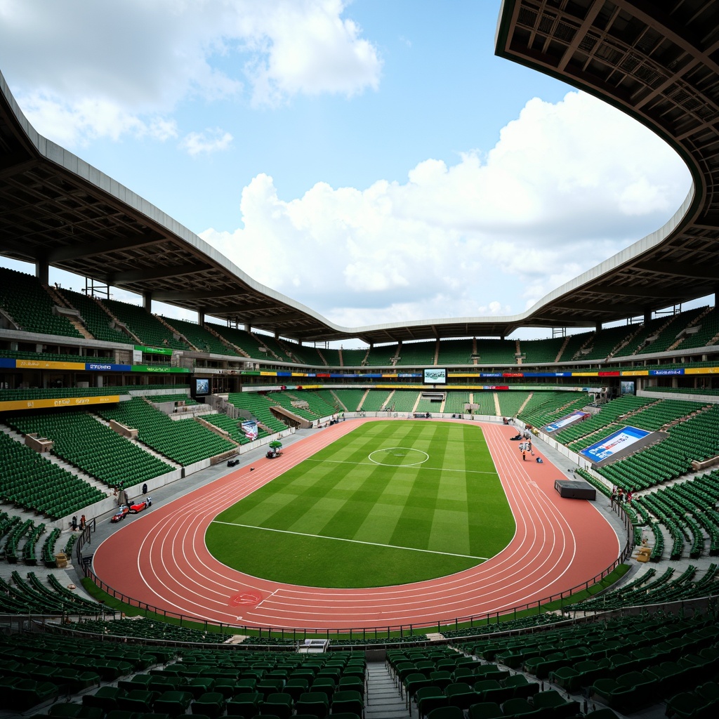 Prompt: Undulating sports field, rolling hills, organic curves, dynamic athletic tracks, vibrant green grass, rubberized surfaces, modern stadium architecture, cantilevered roofs, sleek metal railings, bold color schemes, futuristic scoreboards, dramatic floodlighting, shallow depth of field, 1/2 composition, aerial viewpoint, realistic textures, ambient occlusion.