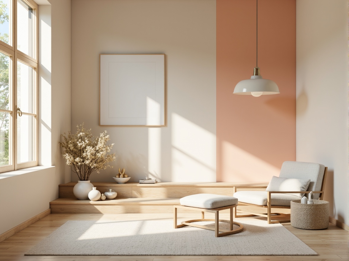 Prompt: Calming interior space, soothing color palette, gentle harmony, warm beige tones, soft peach hues, creamy whites, pale blues, natural wood accents, minimalist decor, elegant simplicity, abundant natural light, subtle shadows, 1/1 composition, realistic textures, ambient occlusion.