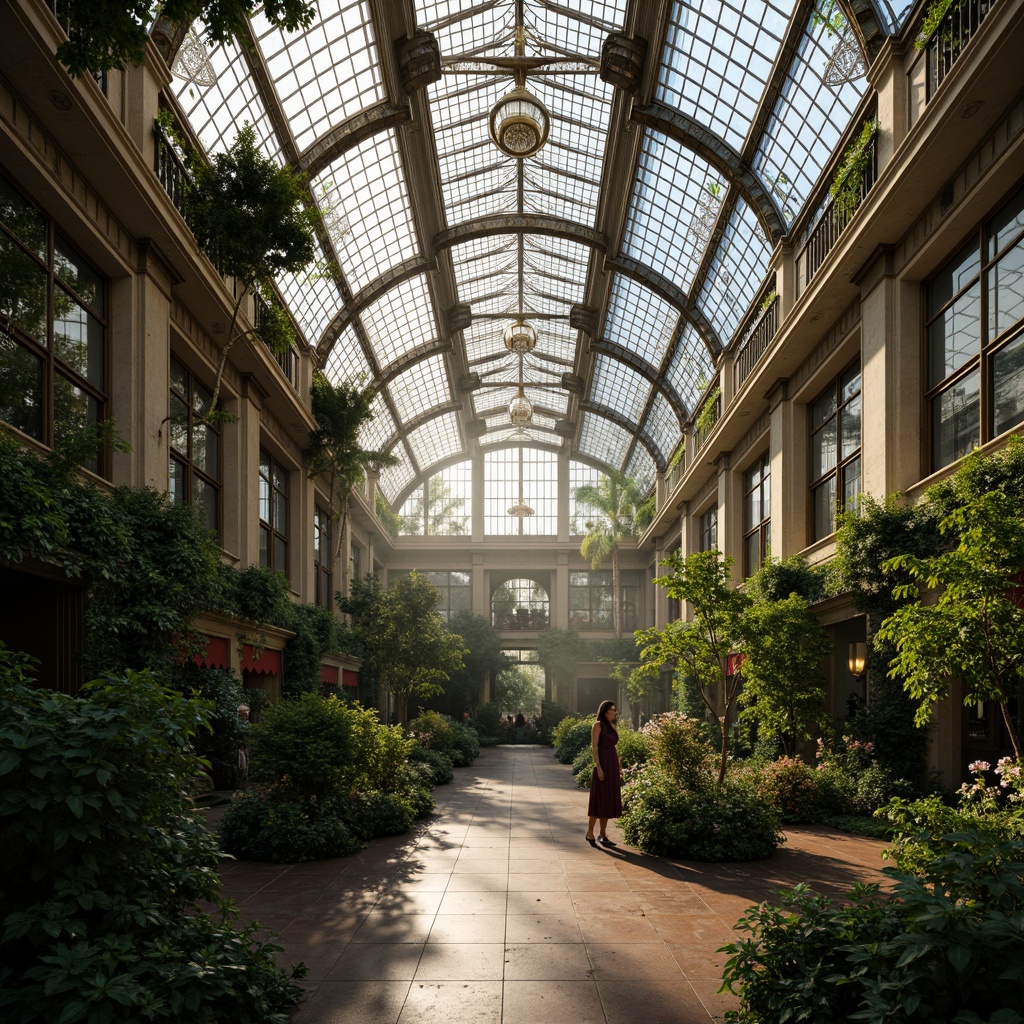 Prompt: Grandiose greenhouse, lush tropical foliage, ornate metal frameworks, intricate Victorian-era details, delicate filigree patterns, stained glass ceilings, crystal chandeliers, marble floors, carved wooden accents, soft natural light, warm misty atmosphere, shallow depth of field, 1/1 composition, romantic warm lighting, realistic textures, ambient occlusion.