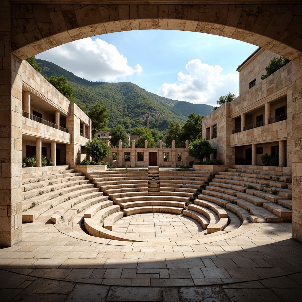 Prompt: Ancient Greek amphitheater, tiered seating, natural stone structures, open-air design, panoramic views, surrounding hillside, lush greenery, Mediterranean climate, warm sunny day, gentle breeze, cross ventilation, clerestory windows, high ceilings, airy atmosphere, rustic wooden benches, weathered stone walls, ornate column details, subtle shadowing, soft diffused lighting, 1/1 composition, symmetrical framing.