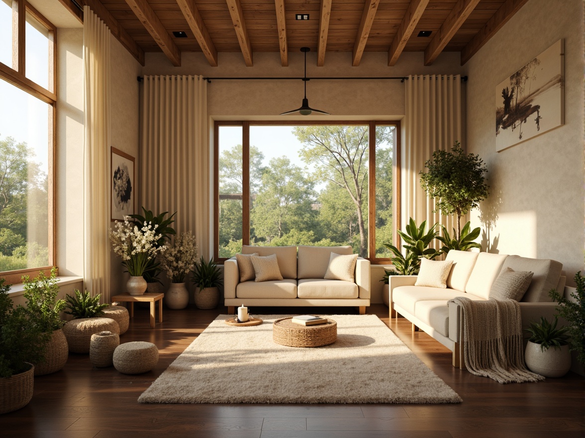 Prompt: Soft warm lighting, calming atmosphere, natural color harmony, earthy tones, beige walls, wooden accents, comfortable furniture, greenery surroundings, blooming flowers, subtle texture variations, 3/4 composition, realistic rendering, ambient occlusion.