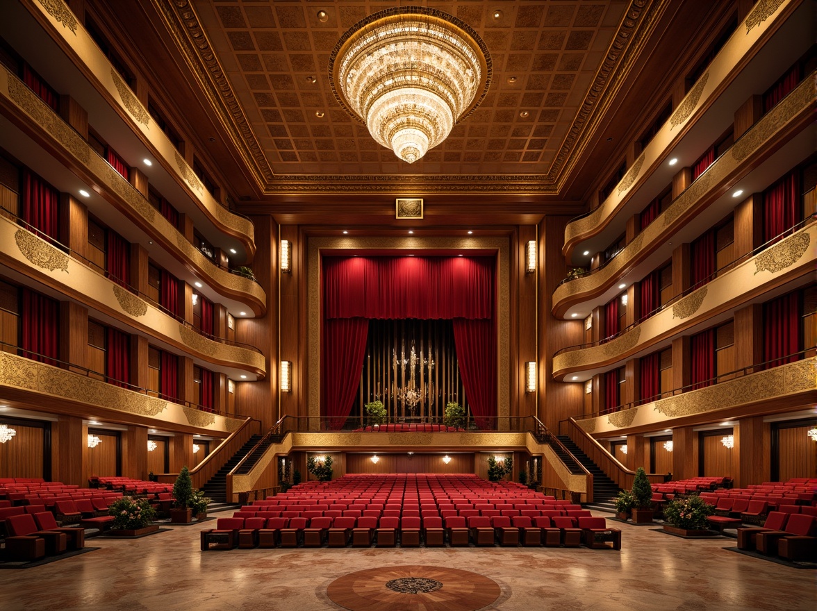 Prompt: Grand auditorium, tiered seating, ornate balconies, rich wood tones, velvet drapes, golden lighting fixtures, intricate moldings, curved architectural lines, sweeping staircases, spacious foyers, polished marble floors, dramatic chandeliers, plush red carpeting, acoustically designed ceilings, sound-absorbing panels, state-of-the-art audio equipment, 3/4 composition, shallow depth of field, warm and inviting atmosphere, soft warm lighting.