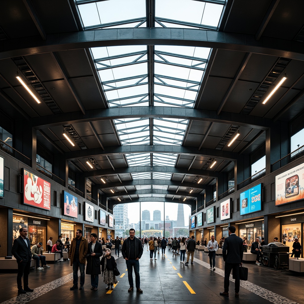 Prompt: Modern train station, sleek metal beams, large glass ceilings, natural light pouring in, warm LED lighting, soft ambient glow, industrial-chic fixtures, exposed ductwork, urban atmosphere, bustling crowds, dynamic advertisements, digital signage, futuristic architecture, high-contrast shadows, dramatic spotlights, 1/1 composition, shallow depth of field, realistic textures, ambient occlusion.