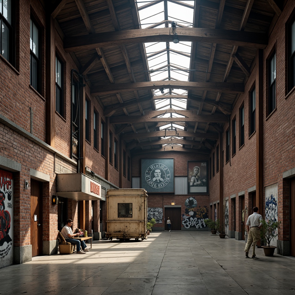 Prompt: Rustic warehouse, exposed brick walls, distressed wooden beams, industrial metal trusses, concrete flooring, reclaimed wood accents, vintage factory windows, corrugated metal cladding, dramatic overhead lighting, intense shadows, atmospheric misting, 1/1 composition, symmetrical framing, bold geometric shapes, textured stone foundations, faded signage, weathered steel doors, eclectic decorative elements, abstract graffiti art.