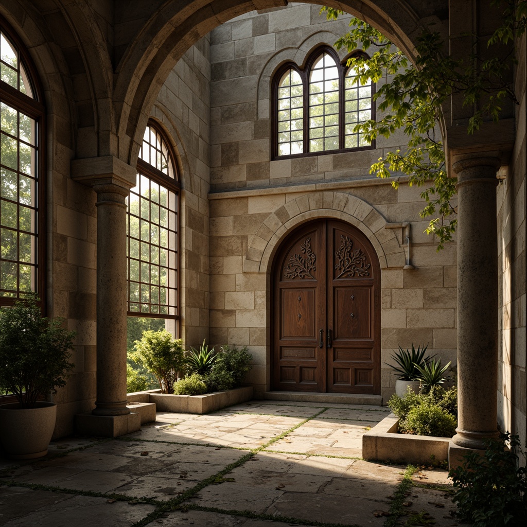 Prompt: Rustic stone walls, ornate carvings, arched windows, grand entranceways, weathered wooden doors, intricate stonework patterns, moss-covered stone floors, earthy color palette, natural ambiance, soft diffused lighting, atmospheric fog effects, mysterious shadows, 3/4 composition, symmetrical framing, warm golden hour, realistic material textures.