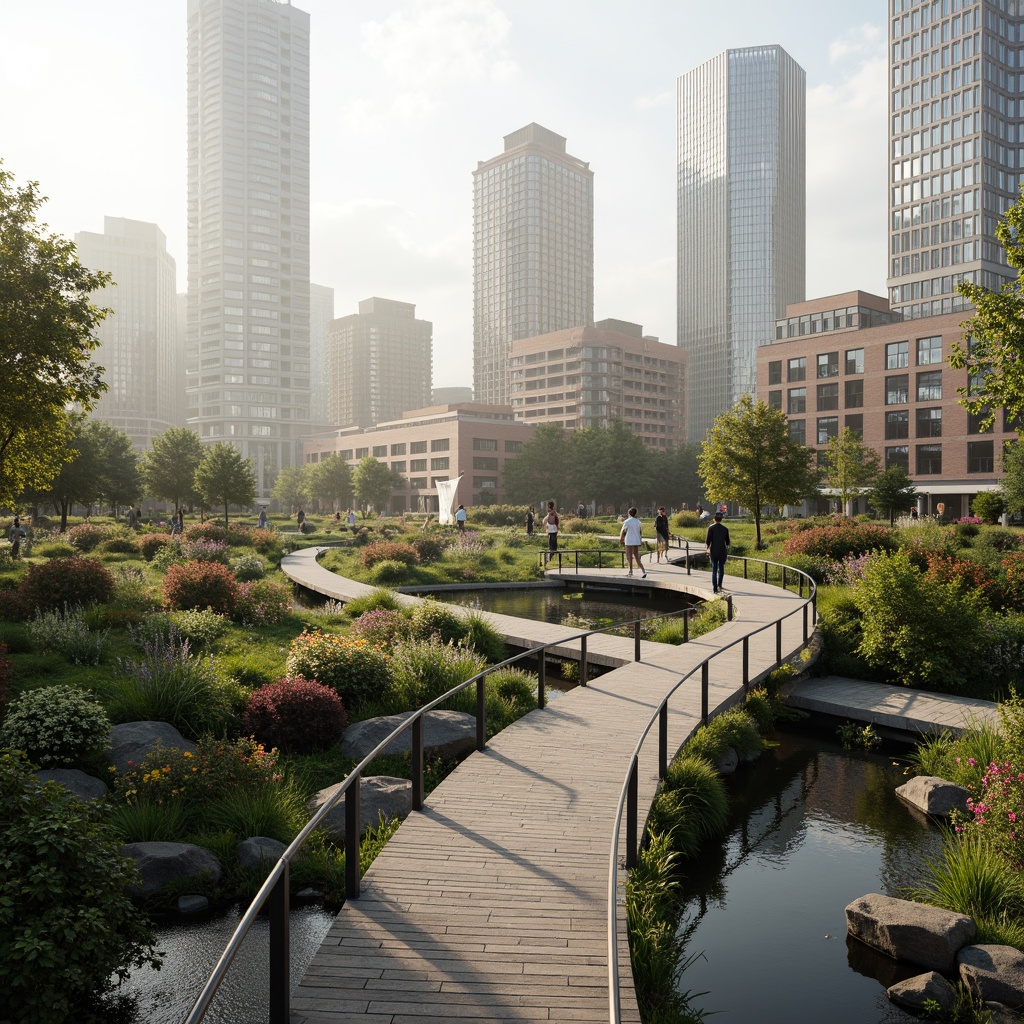 Prompt: Curved pedestrian bridges, lush greenery, vibrant flowers, urban skyline, modern architecture, sleek metal railings, wooden decking, natural stone piers, gentle water features, scenic city views, misty morning atmosphere, soft warm lighting, shallow depth of field, 3/4 composition, panoramic view, realistic textures, ambient occlusion.