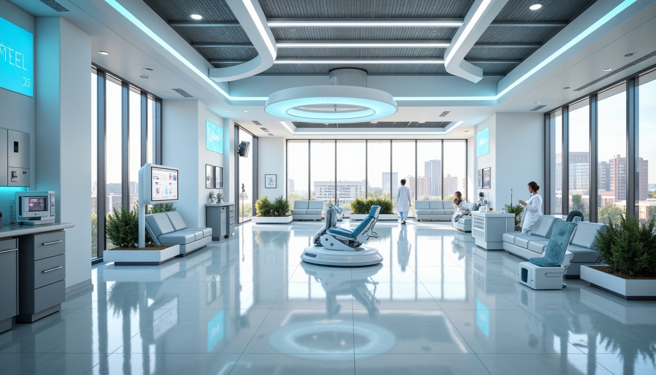 Prompt: Futuristic healthcare center, gleaming white walls, neon blue accents, sterile floors, minimalist decor, advanced medical equipment, sleek robotic assistants, holographic displays, circular waiting areas, spacious corridors, natural light filtering, soft ambient glow, warm color temperature, high ceilings, open spaces, panoramic city views, 3/4 composition, shallow depth of field, realistic textures, ambient occlusion.