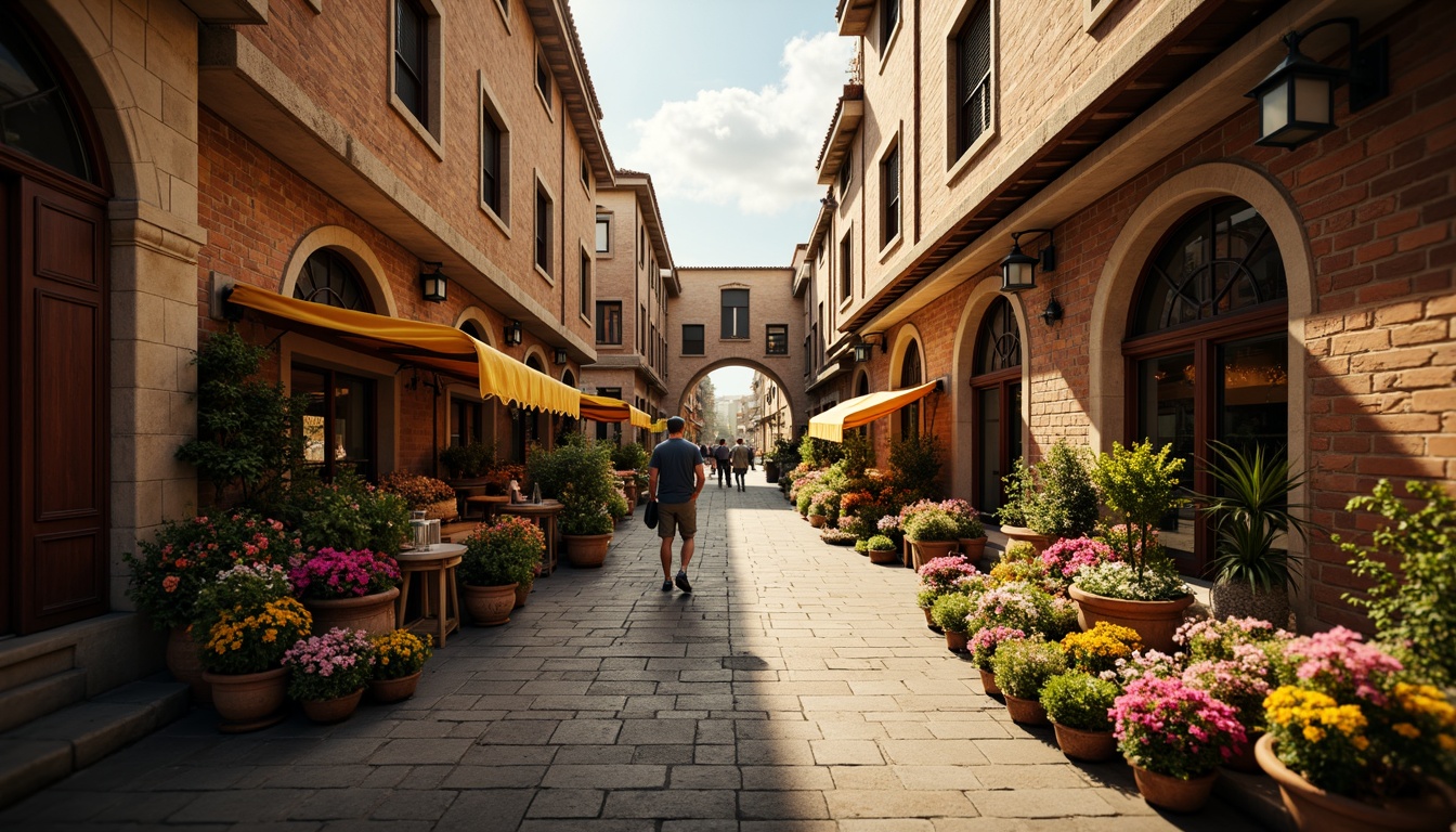 Prompt: Rustic market scene, Romanesque style buildings, arched windows, ornate stone carvings, vibrant flower market stalls, colorful awnings, cobblestone streets, old lanterns, warm golden lighting, soft focus, shallow depth of field, 1/2 composition, symmetrical framing, rich textures, ambient occlusion, intricate brick patterns, earthy tones, natural stone walls, wooden shutters, medieval-inspired architecture, grand archways, ornate doorways, lively street vendors, bustling market atmosphere.