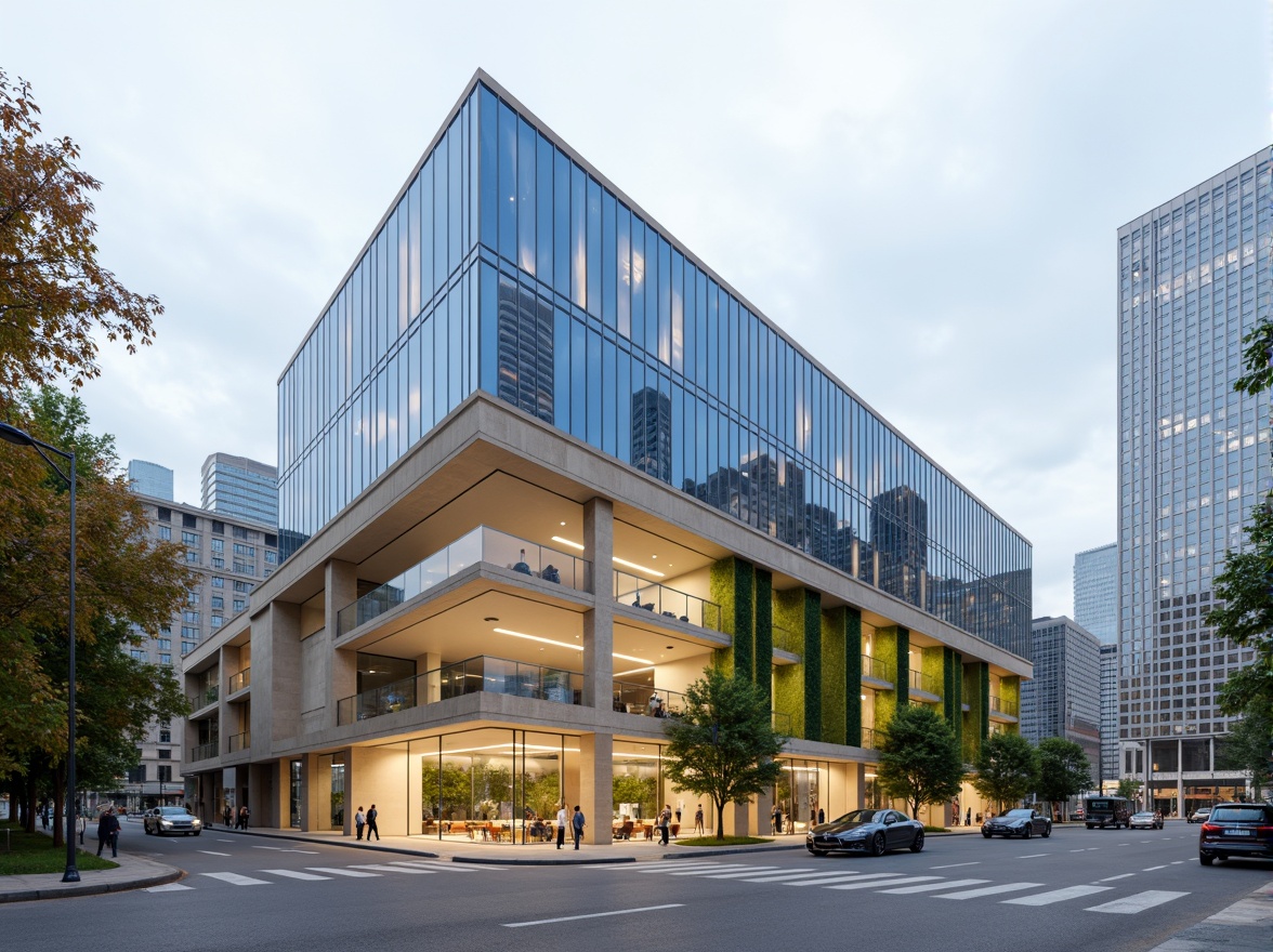 Prompt: Modern office building, sleek glass fa\u00e7ade, minimalist design, neutral color scheme, calming beige tones, soft cream accents, bold blue highlights, energizing green walls, natural wood textures, polished metal fixtures, urban cityscape, cloudy sky, soft diffused lighting, shallow depth of field, 3/4 composition, realistic renderings, ambient occlusion.