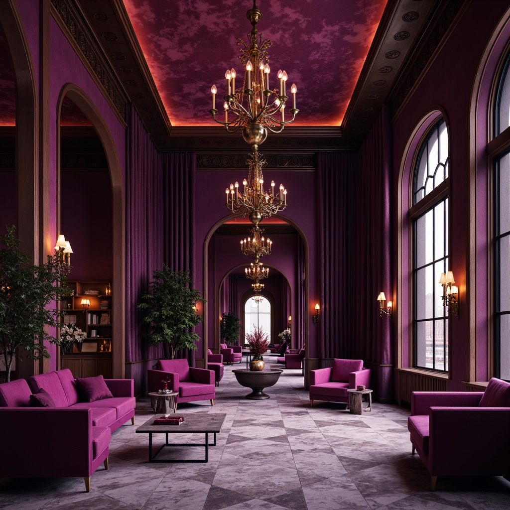 Prompt: Rich plum accents, luxurious velvet textures, majestic archways, ornate copper details, grandiose chandeliers, opulent marble floors, lavish furnishings, regal purple hues, sophisticated modern architecture, sleek lines, minimalist decor, dramatic lighting, cinematic shadows, 3/4 composition, warm atmospheric glow, soft focus, realistic reflections.