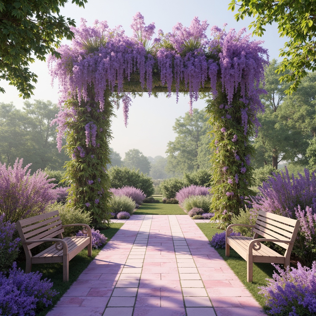 Prompt: Pastel lavender hues, soft pink undertones, delicate purple shades, whimsical floral patterns, dreamy watercolor textures, lush greenery, winding vines, ornate trellises, rustic wooden accents, vintage garden benches, warm sunny days, gentle breezy afternoons, shallow depth of field, 1/2 composition, romantic ambiance, soft focus, natural lighting.