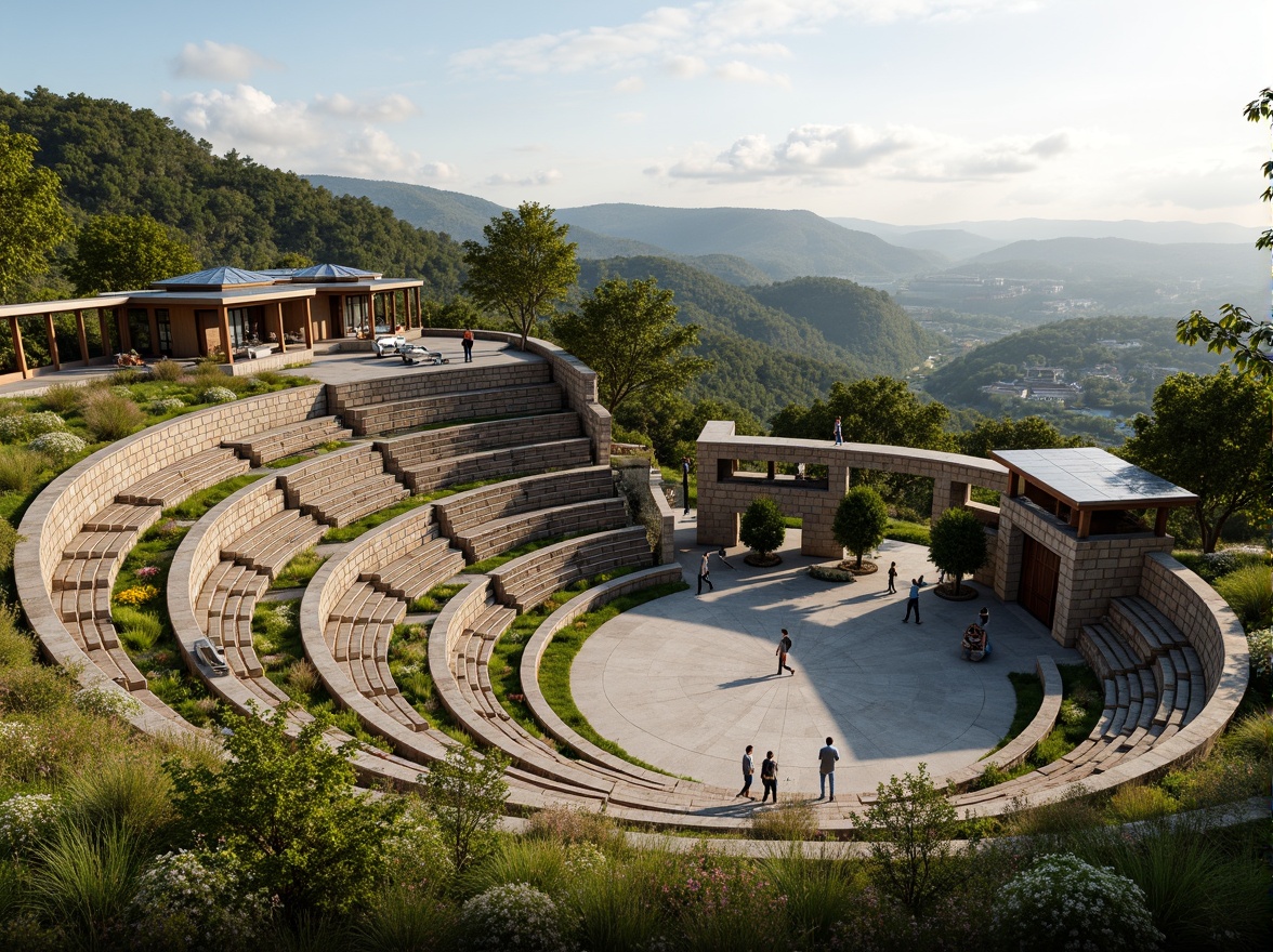 Prompt: Amphitheater-shaped building, natural stone walls, green roofs, solar panels, wind turbines, water conservation systems, eco-friendly materials, sustainable architecture, panoramic views, curved seating areas, open-air performance spaces, lush vegetation, wildflowers, native plants, serene atmosphere, soft warm lighting, shallow depth of field, 3/4 composition, realistic textures, ambient occlusion.